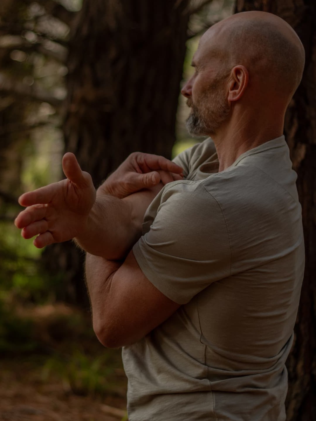 Bruce stretching outdoors
