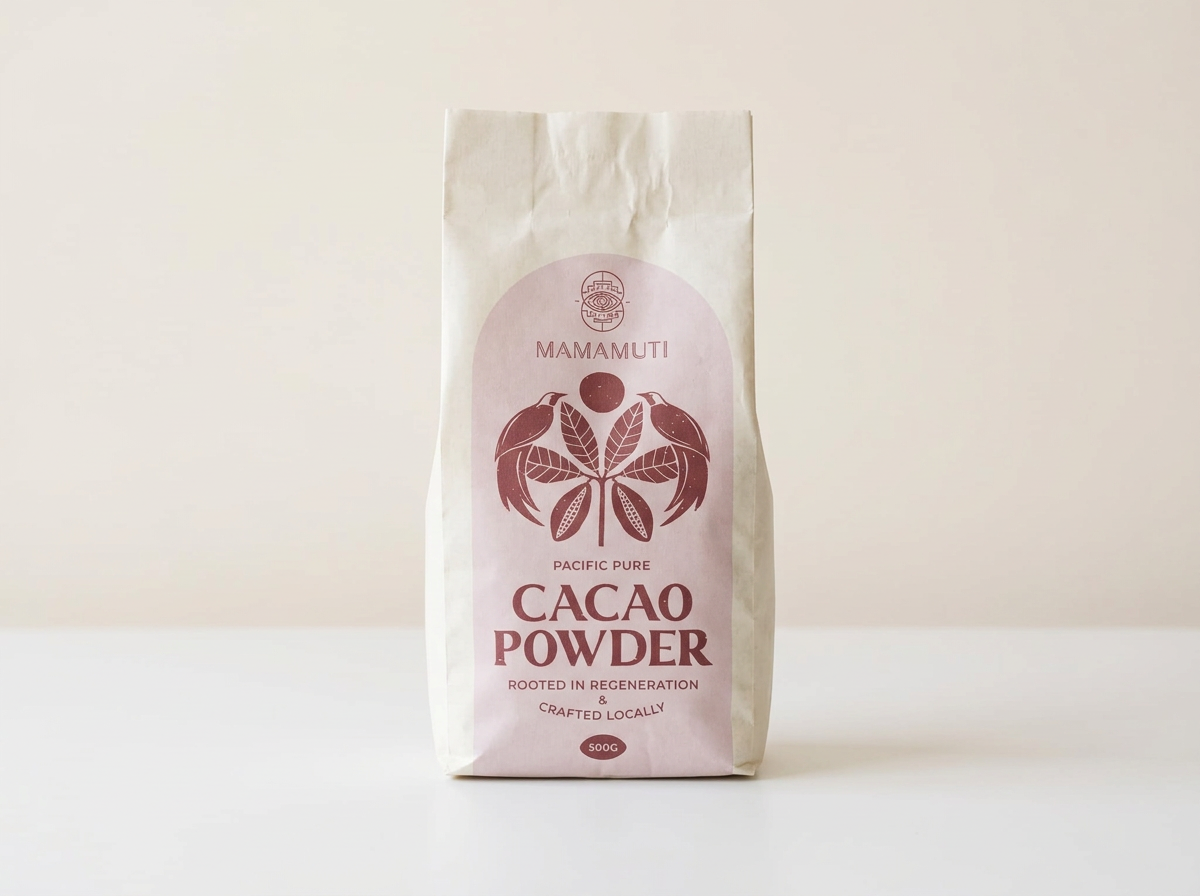 Mamamuti cacao powder pouch against a clean light background